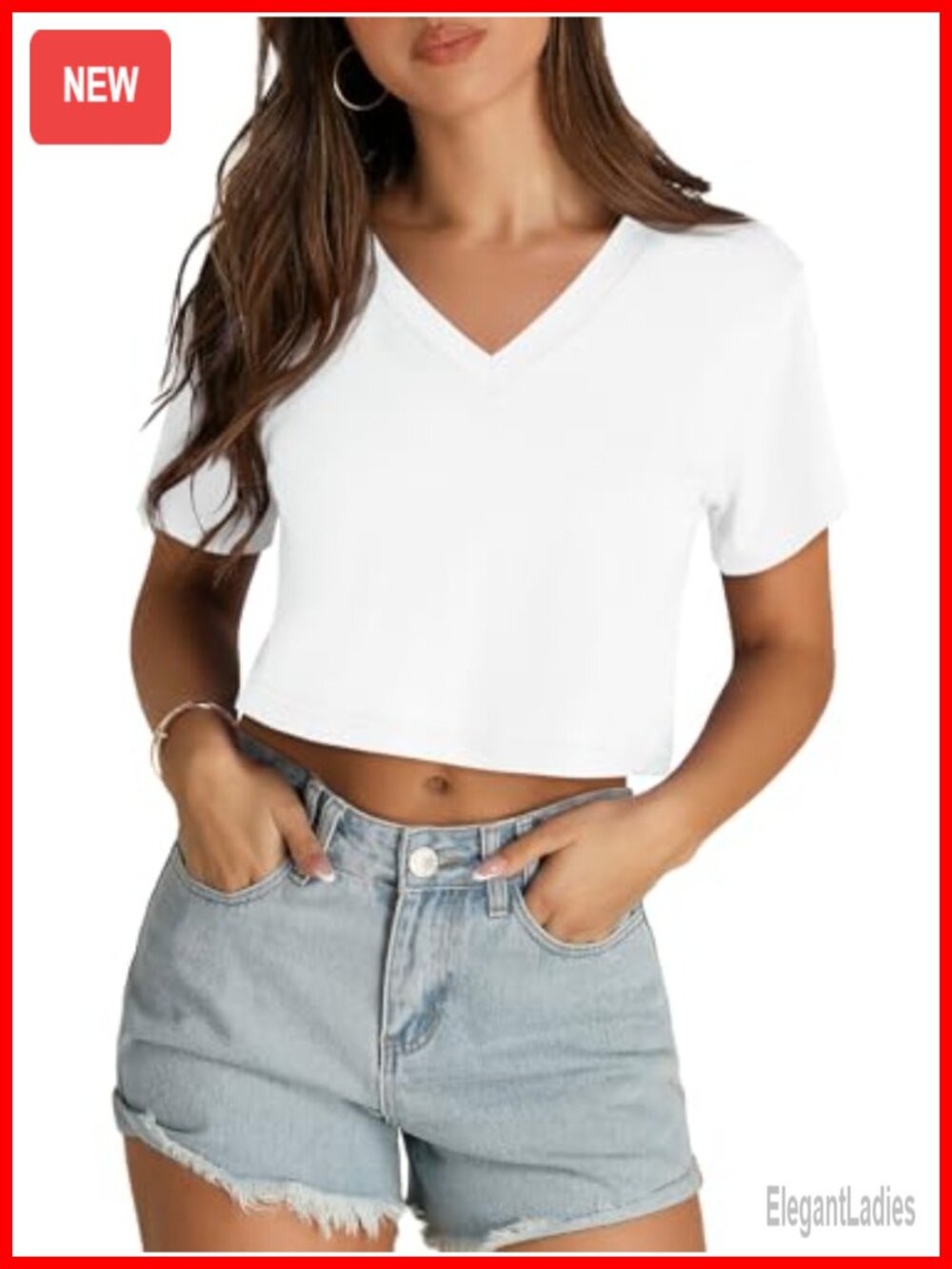 V Neck Short Sleeve Crop Top Casual Basic Tee